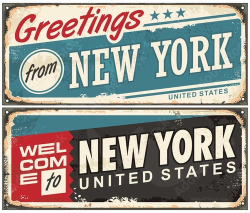 Greetings from New York America retro metal souvenir print design layout. Welcome to New York vintage tin sign template. Americana vector illustration.