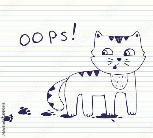 Vector illustration of hand drawn  little naughty cat with dirty footprints. Quick sketch with blue pen on the background of notebook sheet in line. poker face cat. oops!