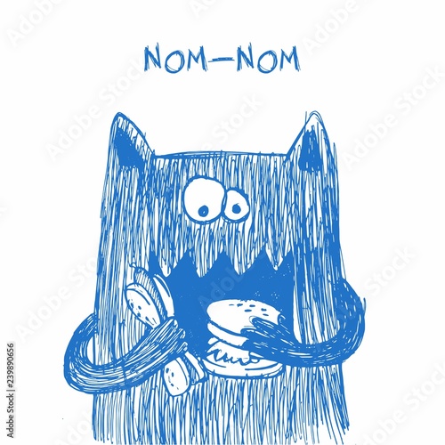 Doodle monster. Hand drawn sketch illustration. Funny character drawn with blue pen isolated on a white background. Heavy eater. Nom-nom