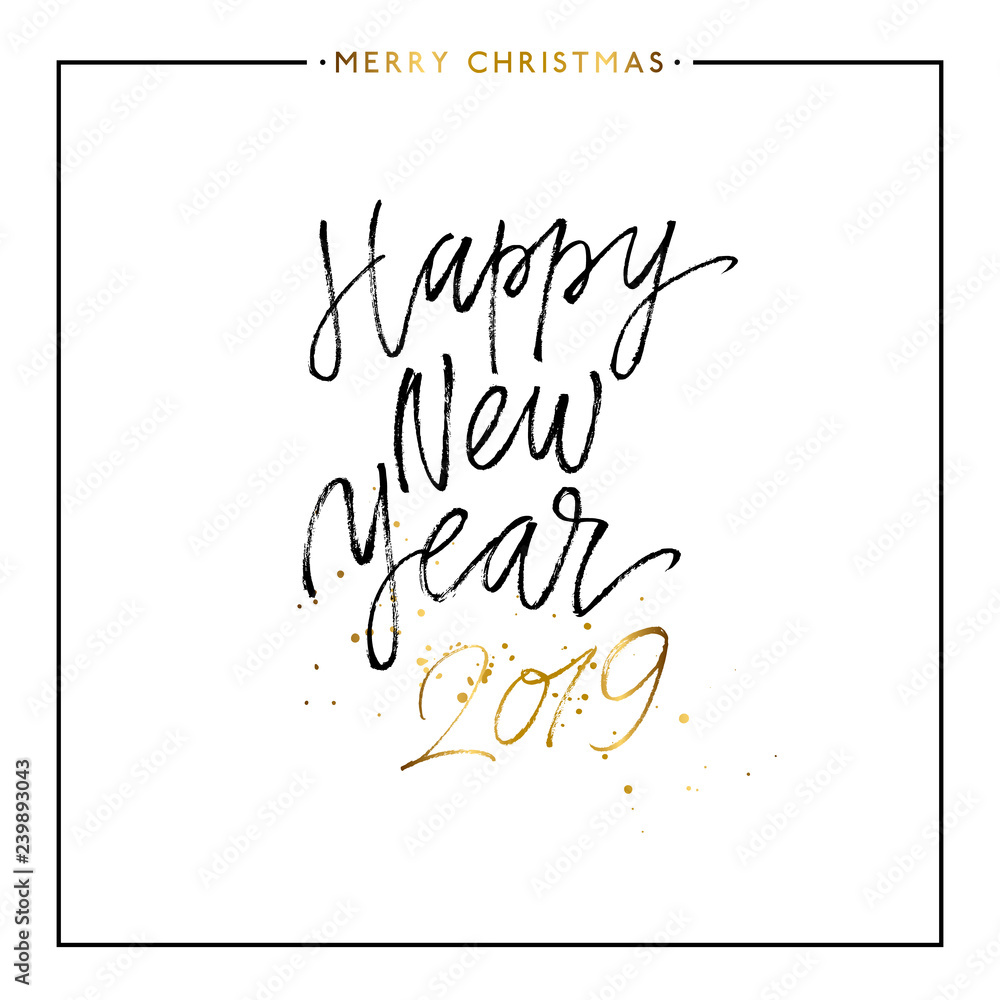 Happy New Year 2019 gold text isolated on white background, hand painted letter, golden vector new year lettering for holiday card, poster, banner, print, invitation, handwritten calligraphy Happy New Year 2019 gold text isolated on white background, hand painted letter, golden vector new year lettering for holiday card, poster, banner, print, invitation, handwritten calligraphy