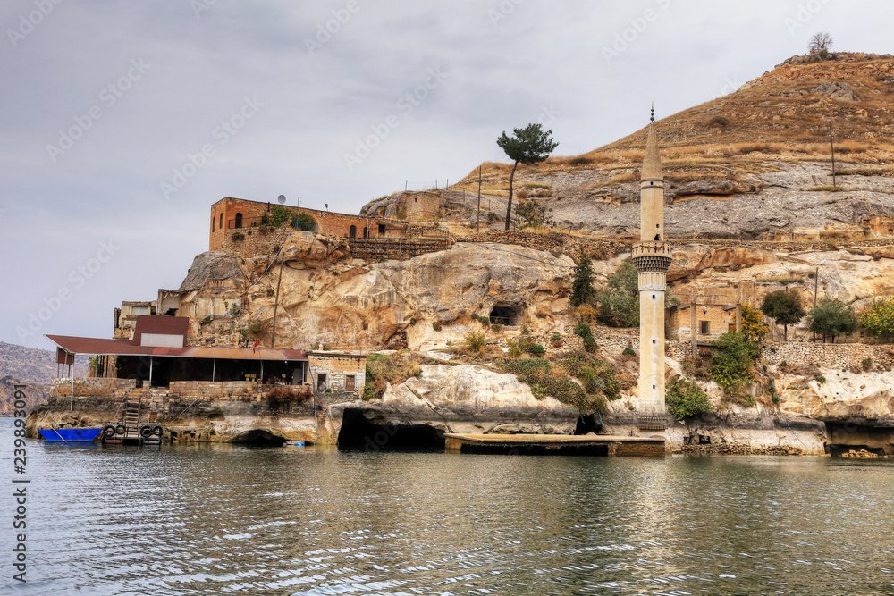Landscape of Halfeti in the foreground Euphrates River and Sunken Mosque. Sanliurfa, Gaziantep in Turkey
