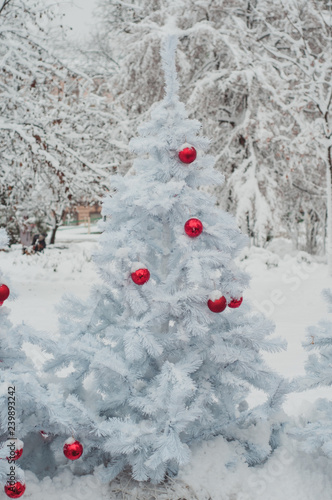 Merry Christmas And Happy New Year White Snow Tree With Red Ball Toys Postcar
