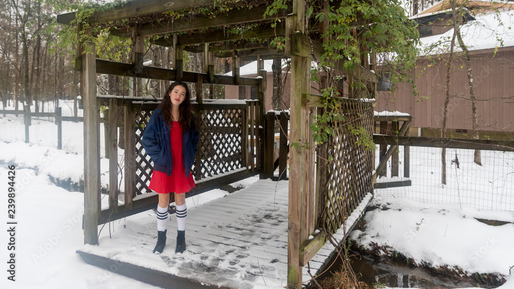 Young asian teen standing in snow