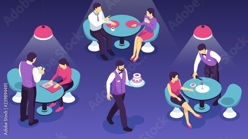 Restaurant Waiters Isometric Horizontal Illustration
