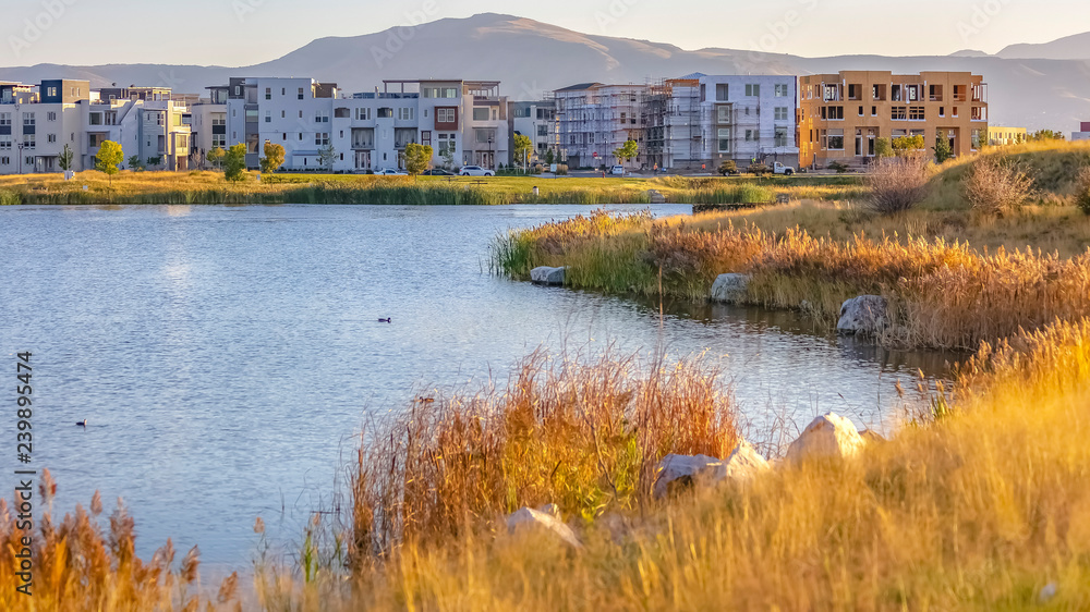 Lakeside view with homes and mountain in Utah Lakeside view with homes and mountain in Utah