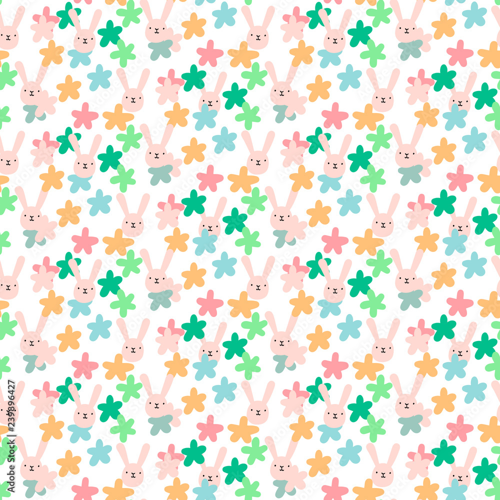Pastel hand drawn seamless pattern with rabbits flowers and easter decoration Pastel hand drawn seamless pattern with rabbits flowers and easter decoration