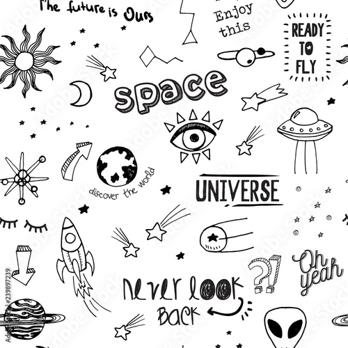 Vector seamless fashion sketch hand drawn pattern with space patches, lettering never look back, oh yeah, the future is ours, ready to fly, enjoy this, discover the world, sticker pack, notes, pins