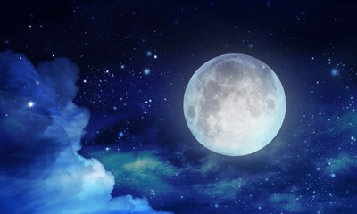Fototapete Vollmond Mondsichel in stiller Nacht  © camomer