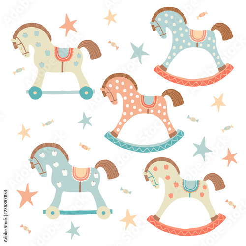 Cute toy rocking horse set. Kids First Toys. Baby shower design element. Cartoon vector hand drawn eps 10 illustration isolated on white background.