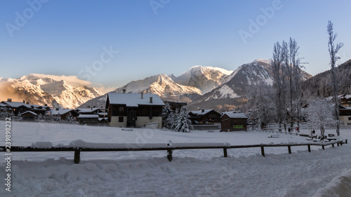 Courchevel Le Praz 1300 mt. Early Morning Sun Light Mountains