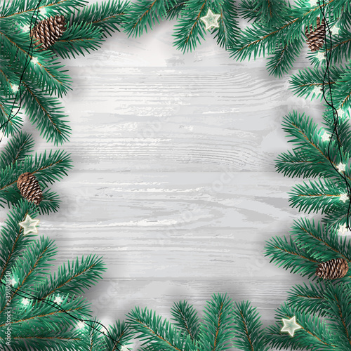 Creative frame made of Christmas fir branches on white wooden background with lights, pine cones. Xmas and New Year card. Vector Illustration