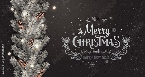 Merry Christmas text on dark background with silver garland of fir branches, lights, pine cones. Xmas and New Year card. Vector Illustration