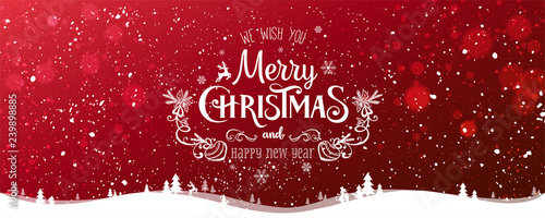Christmas and New Year Typographical on snowy Xmas background with winter landscape with snowflakes, light, stars. Merry Christmas card. Vector Illustration