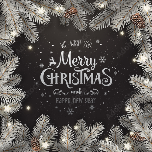 Creative frame made of silver Christmas fir branches. Silver Merry Christmas and New Year Text on dark background with lights, pine cones. Xmas and New Year card. Vector Illustration