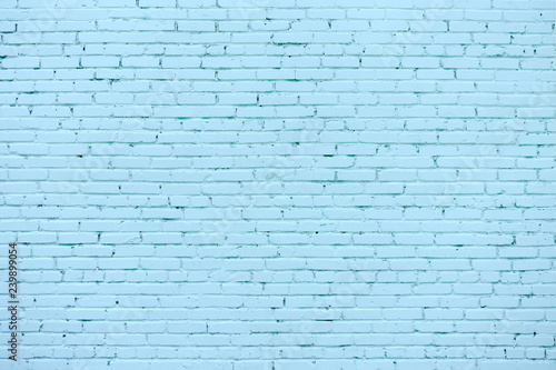 Blue Or Cyan Rustic Texture. Retro Whitewashed Old Brick Wall Surface. - Image
