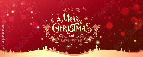 Gold Christmas and New Year Typographical on red Xmas background with winter landscape with snowflakes, light, stars. Merry Christmas card. Vector Illustration