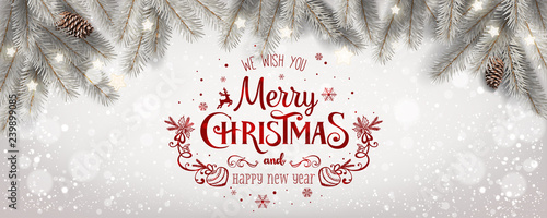 Red Merry Christmas Typographical on white snowy background with fir branches, stars, pine cones. Xmas and New Year theme. Vector Illustration
