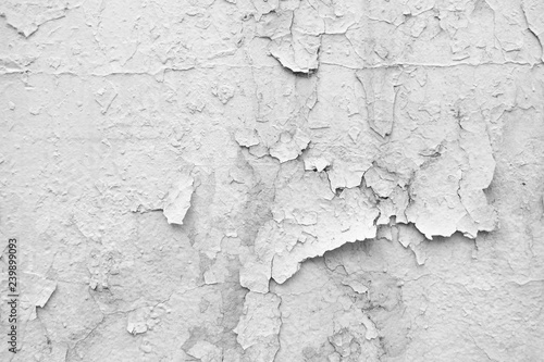 Gray Dirty Plaster Wall, With Falling Off Flakes Of Paint. Rough Surface. Old Weathered Painted Background Texture. Vintage Background. Peeled Plaster Wall. © Papin_Lab