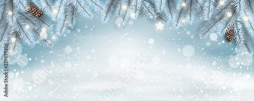 Merry Christmas and New Year text on white snowy background with silver frozen fir branches, gift boxes, pine cones, snowflakes. Xmas  and New Year theme. Vector Illustration
