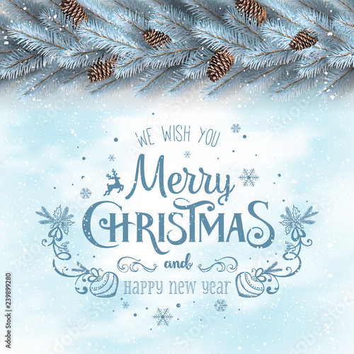 Christmas and New Year Typographical on white snowy background with silver fir branches, pine cones. Xmas  and New Year theme. Vector Illustration