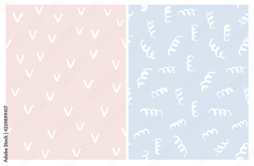 Set of 2 Cute Abstract Vector Patterns. White Springs and Approve Signs on a Light Pink and Blue Backgrounds. Simple Hand Drawn Geometric Design. Funny Infantile Style Layouts. Pastel Colors Art.