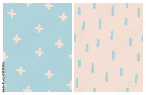Set of 2 Cute Abstract Vector Patterns. Stripes and Cross Sign on a Blue and Light Pink Backgrounds. Simple Hand Drawn Geometric Design. Funny Infantile Style Layouts. Pastel Colors Art.