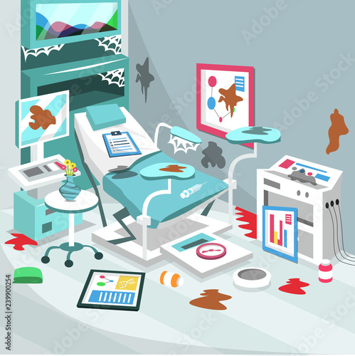 Dirty Birthing Room Caesarean Section Surgery Hospital with Professional Modern Medical Equipment for Cartoon Vector Illustration Ideas