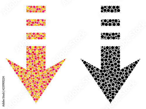 Dot send down mosaic icons. Vector send down icons in multi-colored and black versions. Collages of randomized round elements. Vector concepts of send down icons designed of casual round elements.