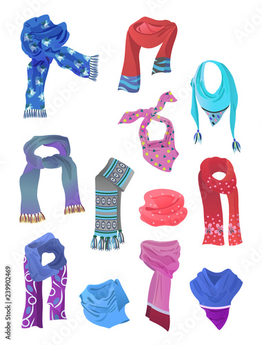 Set of scarves for girls , for spring and winter, different colors, shapes, isolated on white background.