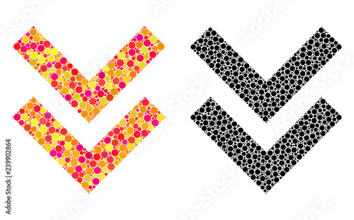 Dotted shift down mosaic icons. Vector shift down pictograms in colorful and black versions. Collages of random circle elements. Vector mosaics of shift down icons done with random circle elements.