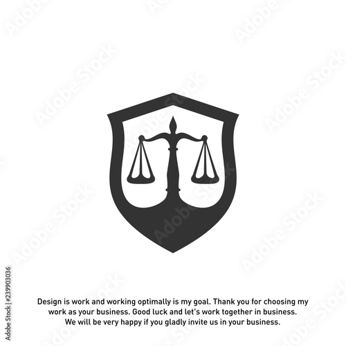 Law office logo in the form of shield with greece column and scales. The judge, Law firm Vector
