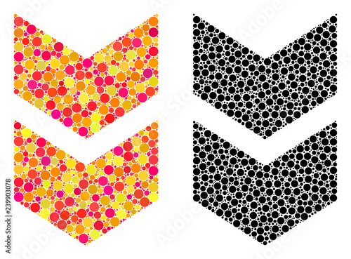 Pixel shift down mosaic icons. Vector shift down icons in multi-colored and black versions. Collages of casual circle dots. Vector collages of shift down images made of irregular round dots.