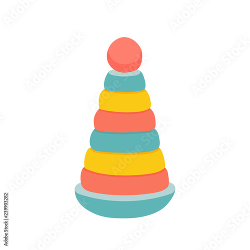 Colorful toy pyramid poster. Classic ring stacker with a fun design. Baby shower design element. Cartoon vector eps 10 illustration isolated on white background.