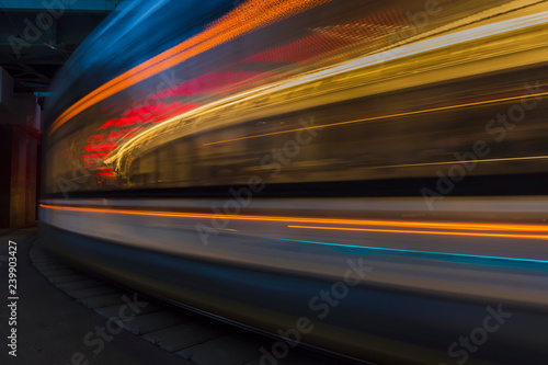 The movement of trams on the bend of the road 