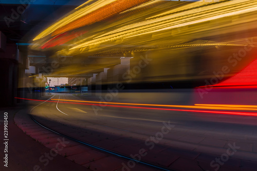 The movement of trams on the bend of the road,