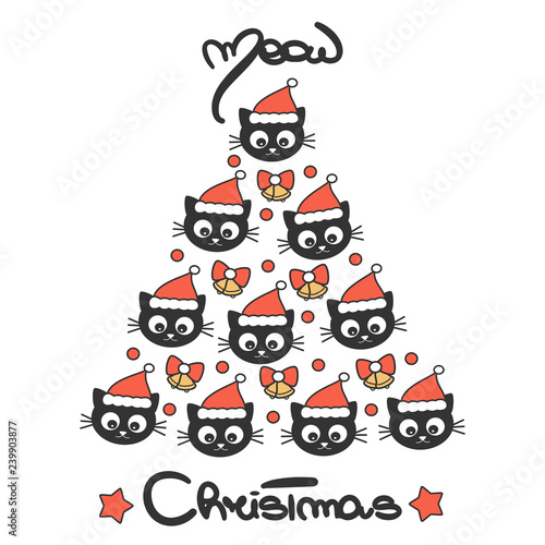cute hand drawn lettering meow christmas vector holiday card with cartoon cat wearing Santa's hat tree 