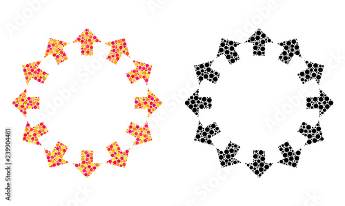 Dot radial arrows mosaic icons. Vector radial arrows icons in colorful and black versions. Collages of variable spheric dots. Vector collages of radial arrows icons constructed of random round pixels.
