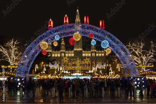 VIENNA, AUSTRIA - DECEMBER 15, 2018: Vienna City Town hall at night during Christmas Market Time