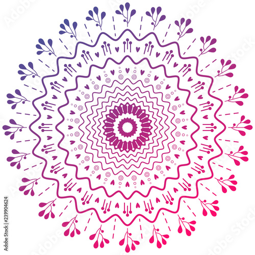 Cute simple round mandala. Gradient colors from pink to violet. Romantic boho style ornament. For design, yoga, festival, decor