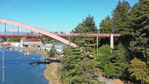 Aerial Pan of Bridge over a river in daylight photo