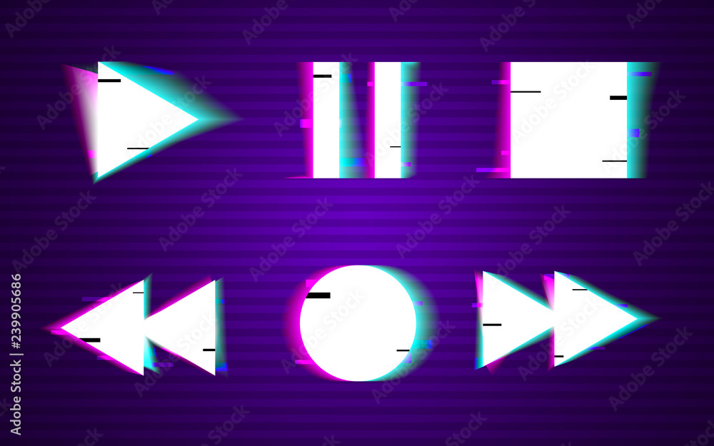 Glitch set of buttons. Minimal design. Play, rewind, stop, pause,record