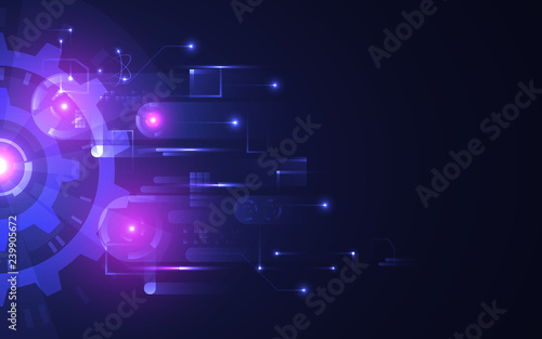 Abstract technology background. Futuristic glowing gears on dark backdrop. Hi-tech concept with bright connections. Modern circuit with spinning elements. Digital innovation. Vector illustration