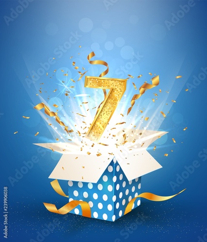 7 th years anniversary and open gift box with explosions confetti. Template seven birthday celebration on blue background vector Illustration