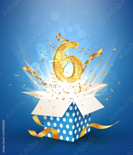 6 th years anniversary and open gift box with explosions confetti. Template six birthday celebration on blue background vector Illustration