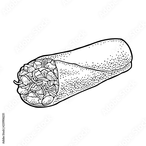 Burrito - mexican traditional food. Vector black vintage engraved illustration for menu, poster, web. Isolated on white background.