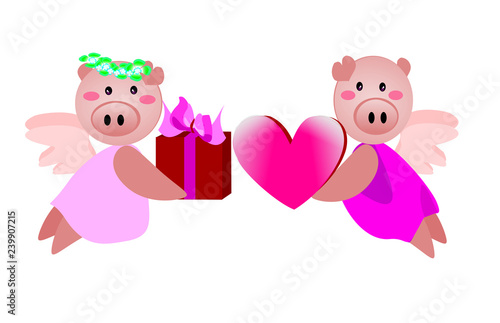 Year of the Pig and New Year 2019 and Chinese New Year. Flat illustration for decoration. Colorful cute cartoon character  on  background isolated.