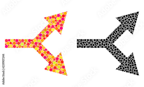 Pixel bifurcation arrow right mosaic icons. Vector bifurcation arrow right icons in colorful and black versions. Collages of variable circle elements.