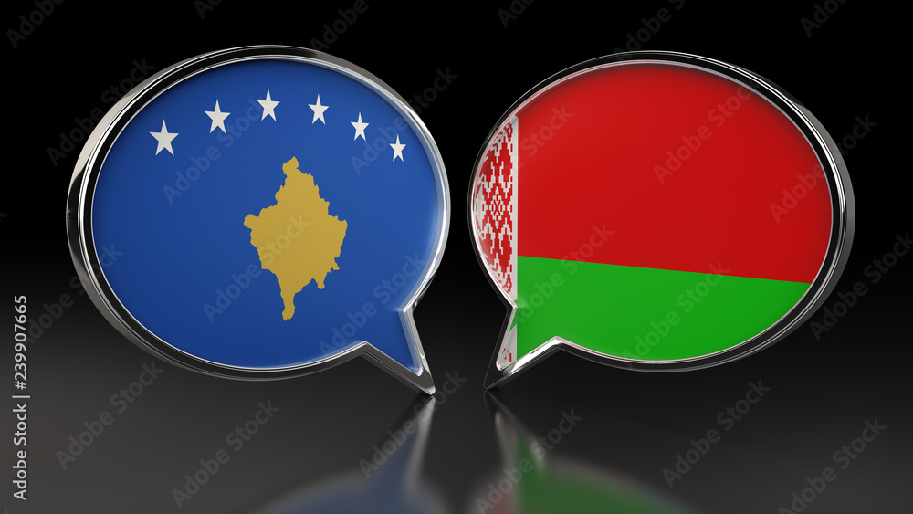 Kosovo and Belarus flags with Speech Bubbles. 3D illustration Kosovo and Belarus flags with Speech Bubbles. 3D illustration