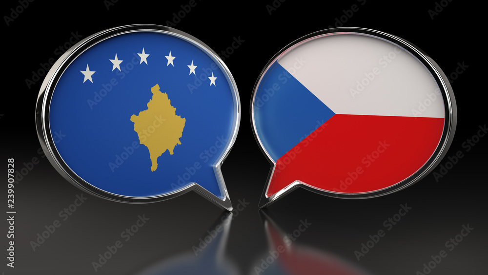 Kosovo and Czech Republic flags with Speech Bubbles. 3D illustration Kosovo and Czech Republic flags with Speech Bubbles. 3D illustration
