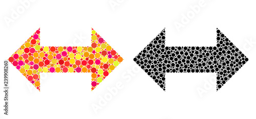 Dotted horizontal exchange arrows mosaic icons. Vector horizontal exchange arrows icons in multi-colored and black versions. Collages of arbitrary spheric elements.